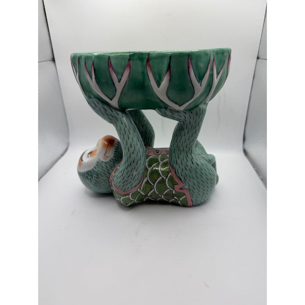 Vintage Chinoiserie Ceramic Monkey Cabbage Leaf Bowl Figurine Green Hand Painted